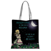 Load image into Gallery viewer, Alice in Wonderland Tote Bag - War Against Reality Cheshire Cat Quote
